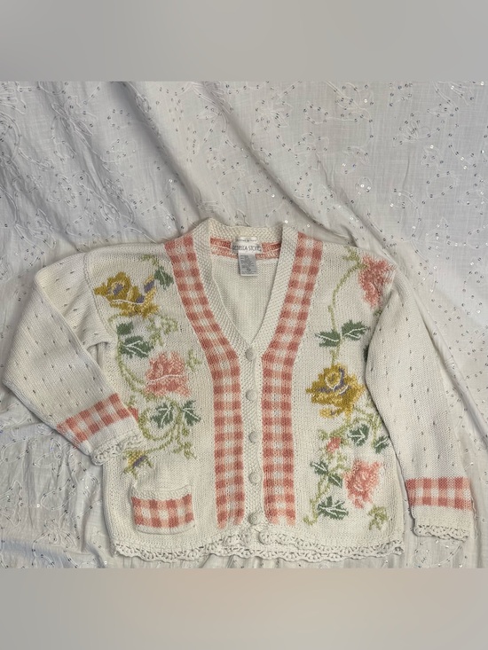 Rebecca Stone Sweaters - Vintage Rebecca Stone Hand Knit Floral Cardigan Cottagecore Grandmacore Medium